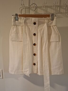 SO Classic White Linen Paper-bag Waist Belted Cargo Pocket Mini Skirt (Size S)